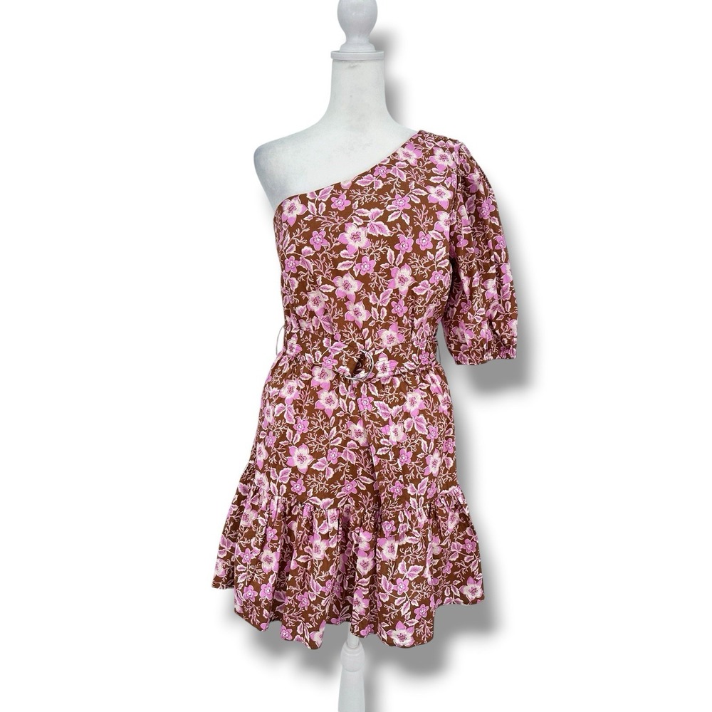 Jason Wu One Shoulder Floral Mini Dress M Belted Pink Brown Cottage Coquette